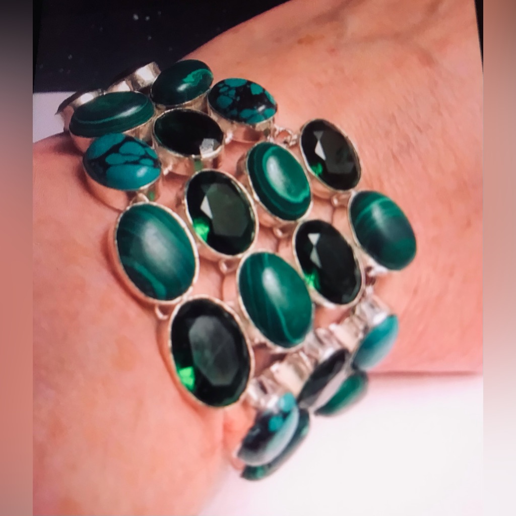 Malachite Chrome Diopside Stamped 925 Sterling Silver Bracelet